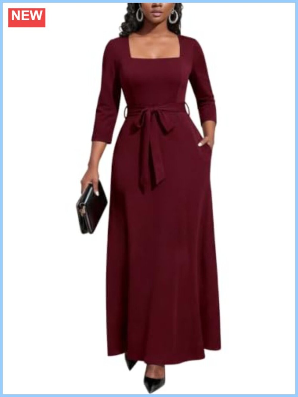 Square Neck 3/4 Sleeve Maxi Dress Pockets Tie Waist A-Line